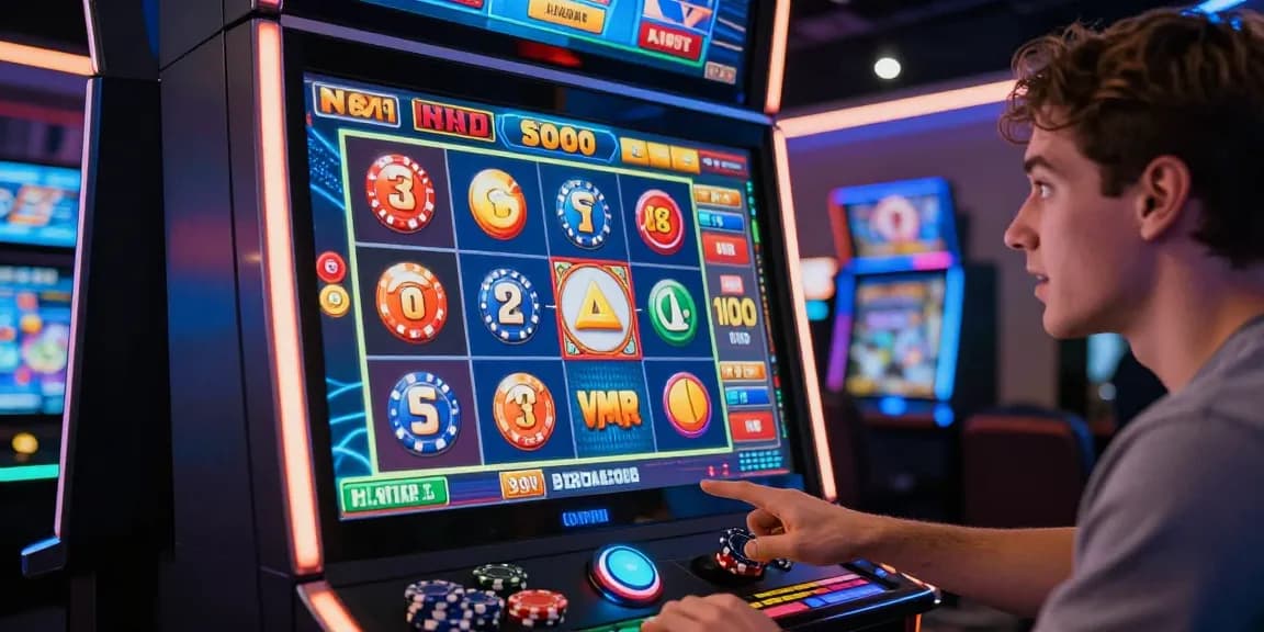 Pengguna memainkan slot online di kasino virtual dengan simbol berwarna cerah dan suasana menggembirakan.