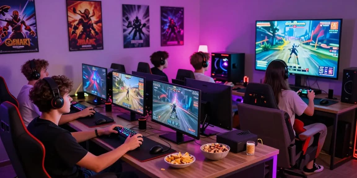Diverse gamers enjoying modded games on a console during a vibrant gaming night with friends, highlighting dramawave's community aspect.