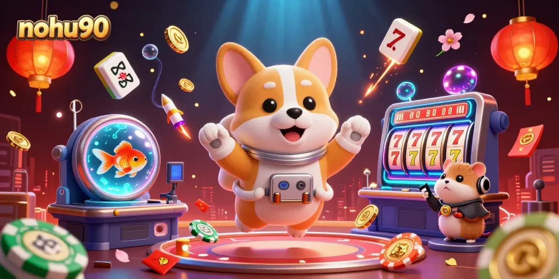 Nohu90 captivates players with a vibrant zero-gravity casino adventure featuring a corgi and dynamic slot elements