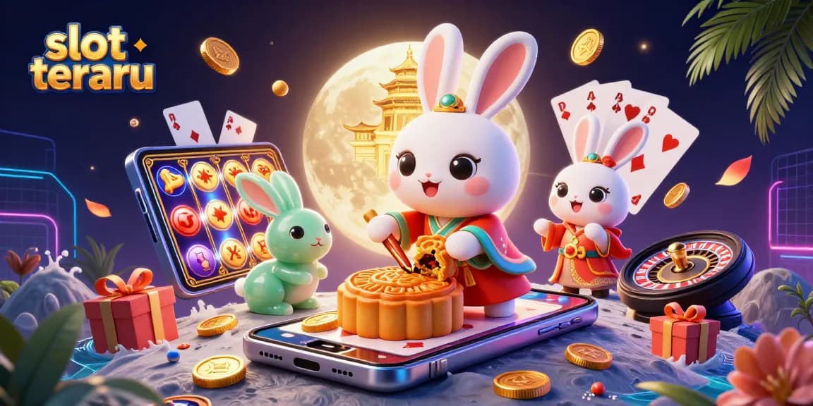 Experience thrilling slot terbaru gameplay with colorful 3D casino icons and characters interacting in a lunar setting.