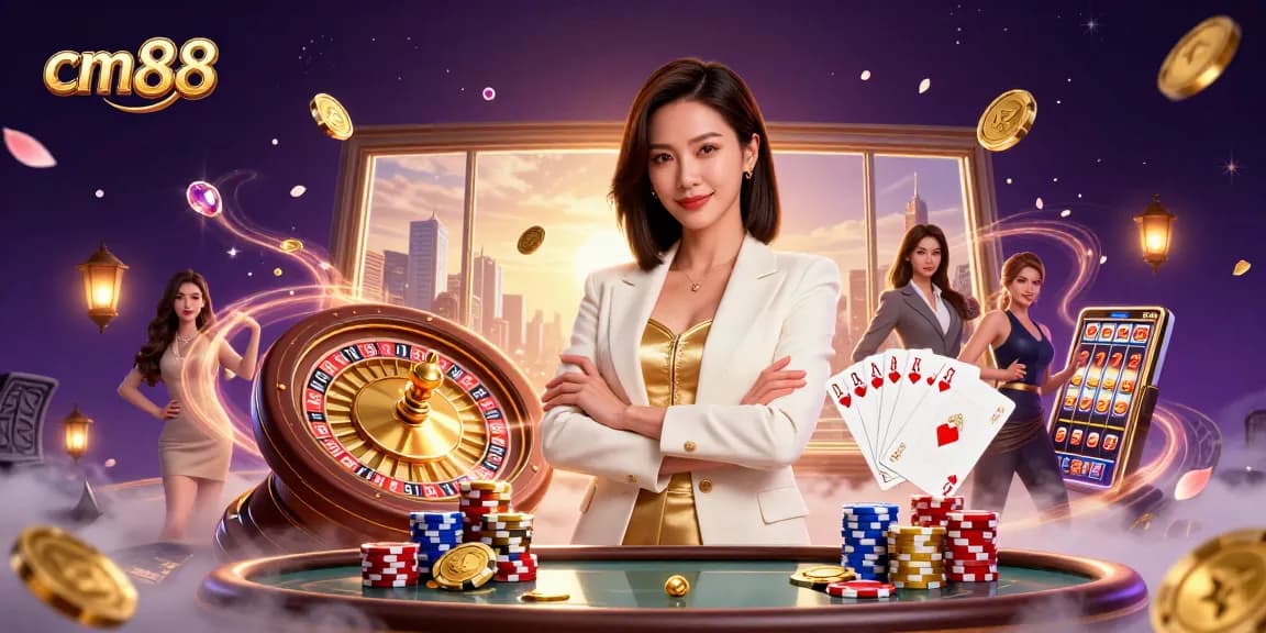 Experience excitement at cm88 with a powerful Asian businesswoman holding golden cards in a vibrant casino scene.