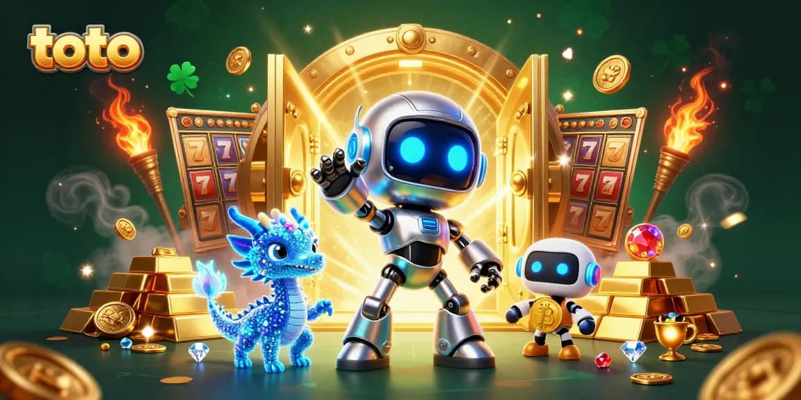 Toto gaming scene with a futuristic robot, dragon, and drone amidst slot machines and treasures.