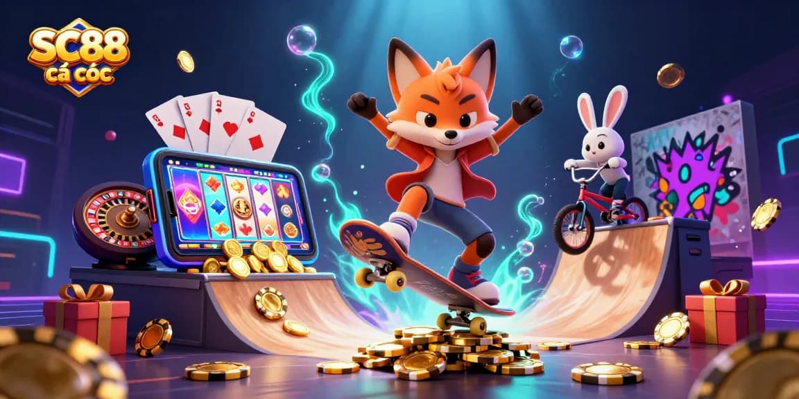Experience thrilling SC88 cá cược action with a vibrant scene of gaming excitement and dynamic characters.