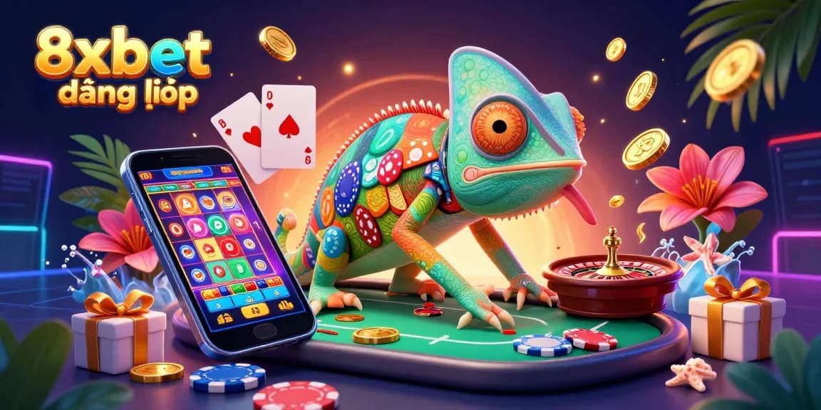 Experience exciting gameplay at 8xbet đăng nhập, featuring a vibrant casino scene with a chameleon owner and dynamic games.