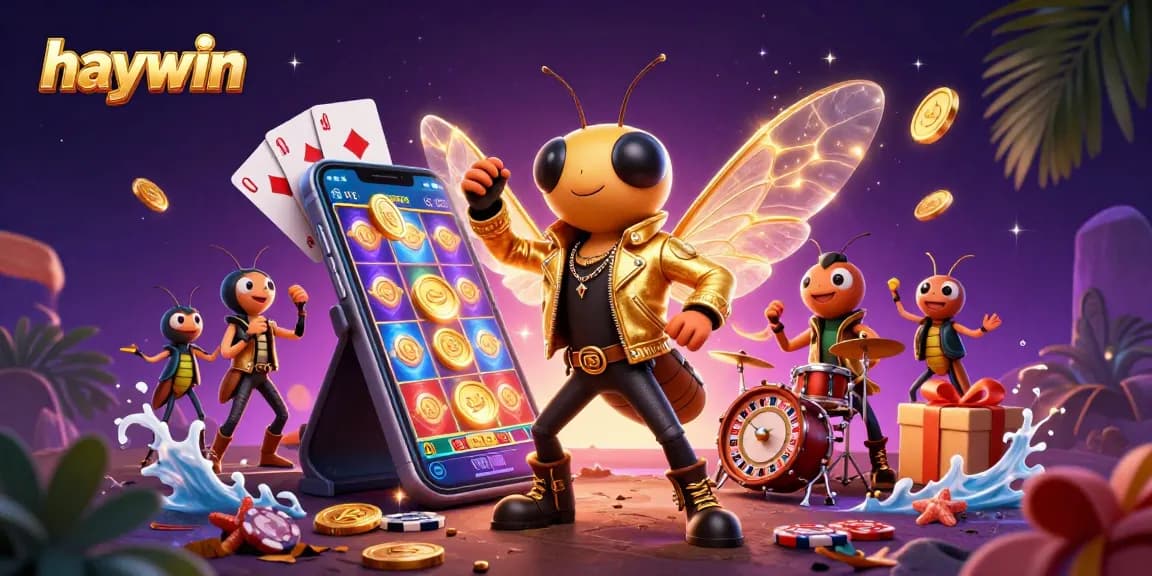 Experience the vibrant energy of haywin online casino with a dynamic 3D illustration showcasing a rock star, games, and celebrations.