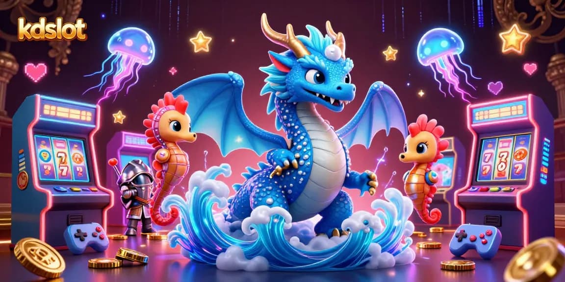 Experience thrilling kdslot action with a magical dragon, seahorse knight, and neon gaming elements.