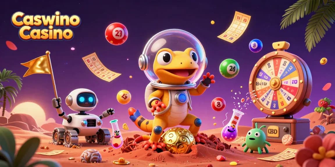 Experience excitement at Caswino Casino with a 3D Martian gecko and vibrant lottery elements.