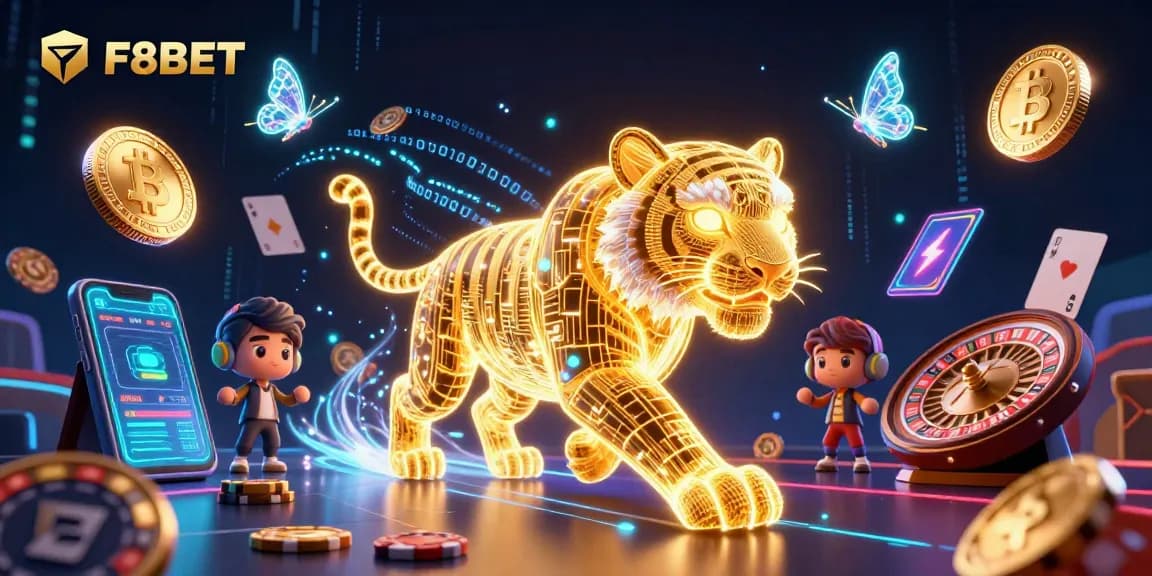 Engage with F8BET in this dazzling 3D casino scene featuring vibrant neon elements and iconic gambling symbols.