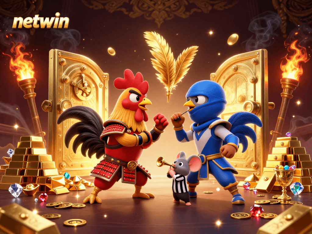 Netwin showcases a dramatic standoff between fighting roosters amid piles of treasure and jewels.