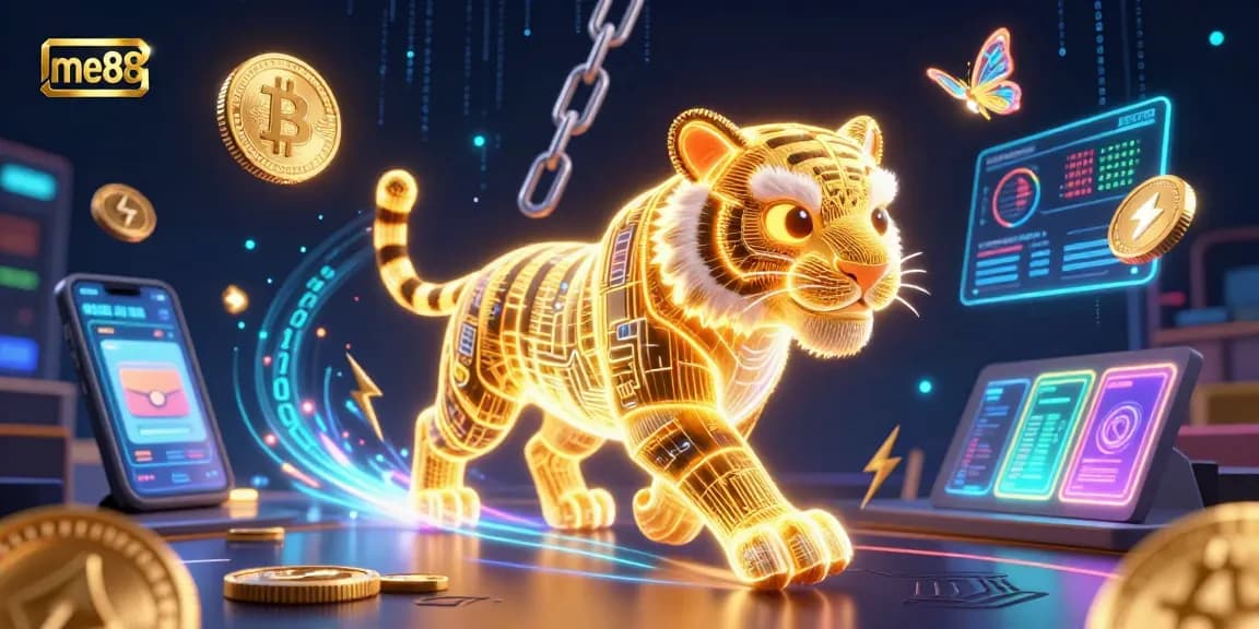 Experience thrilling moments at me88 with a neon tiger and crypto coins in a digital casino.