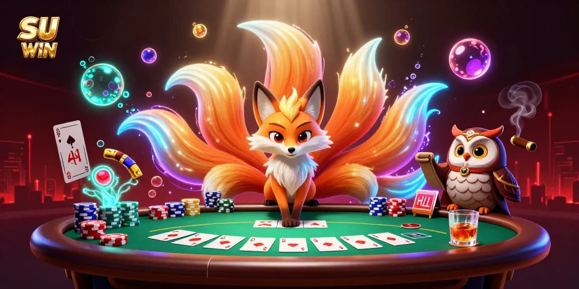 SUNWIN showcases a vibrant illustration of a nine-tailed fox spirit at a poker table, engaging players with dazzling displays of skill.