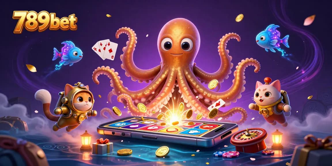 Experience 789 bet with the dazzling kraken amidst dynamic casino elements like slot games and poker cards.