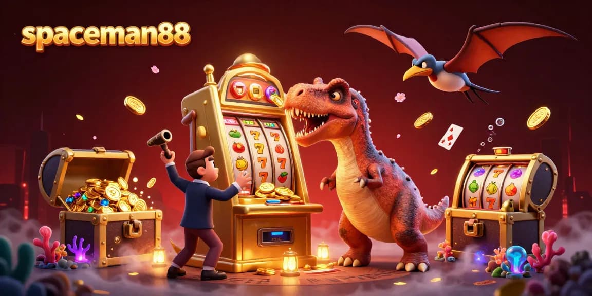 spaceman88 slot machine pays out coins, featuring playful dinosaur characters in a vibrant casino scene.
