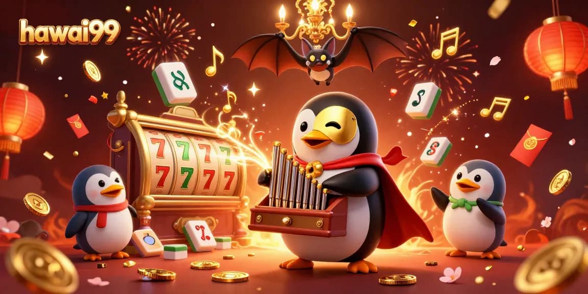 Win big with hawai99 in this vibrant 3D casino scene featuring a lucky penguin.