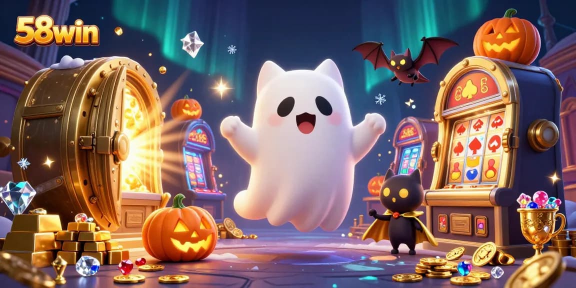 Experience thrilling gameplay with 58win's ghost cat in a vibrant haunted casino scene.