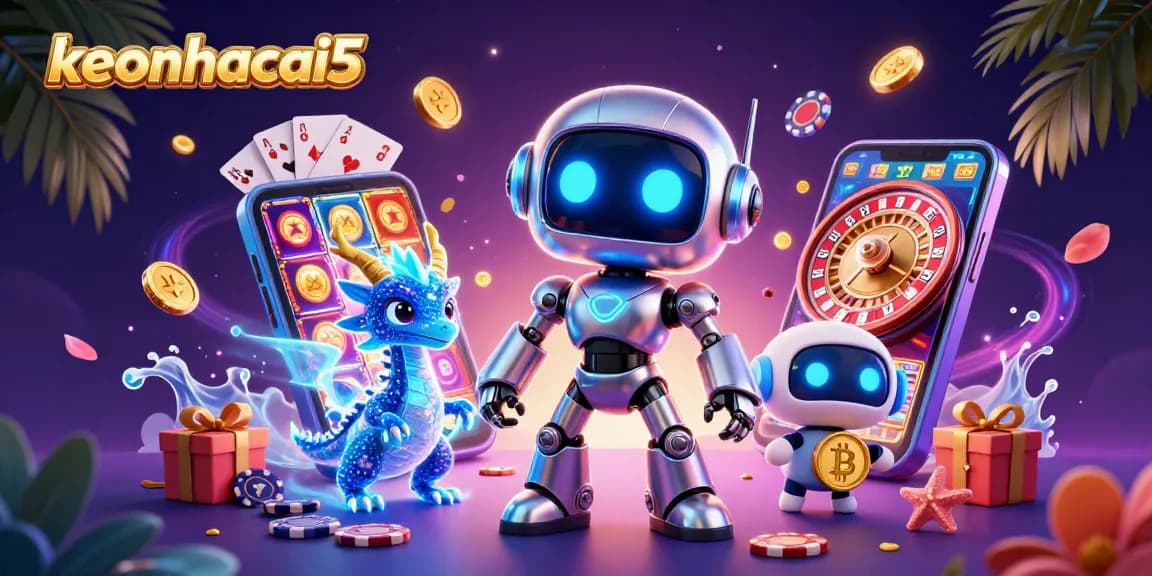 Experience the vibrant energy of keonhacai5 with a cyberpunk robot and gaming elements.