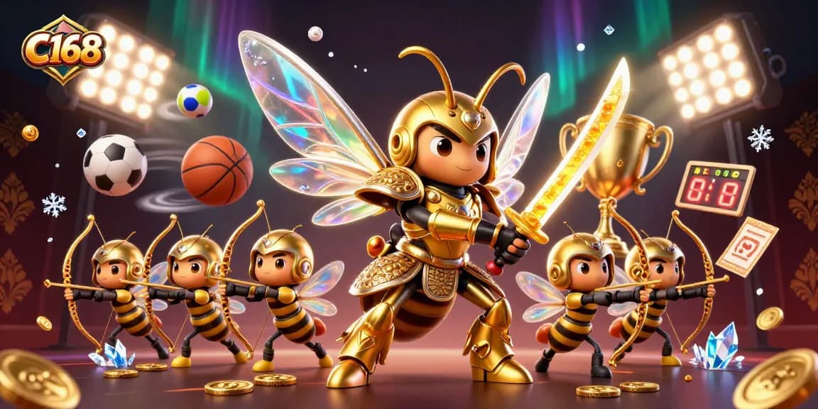 Experience thrilling bets at C168 with a captivating golden hornet warrior surrounded by dynamic sports elements.