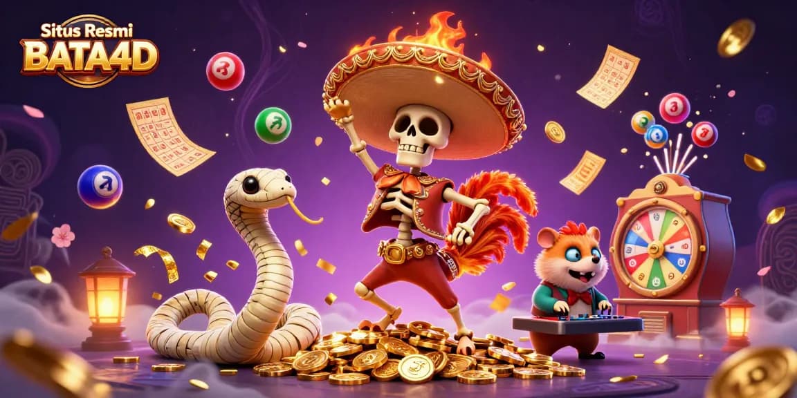 Situs Resmi BATA4D mempersembahkan keramaian kasino dengan karakter unik menari di antara koin emas dan bola lotere.