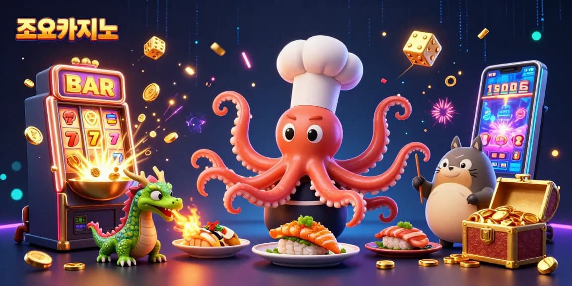 Engage with exhilarating games at 조이카지노, featuring a sushi chef octopus and rich casino elements.