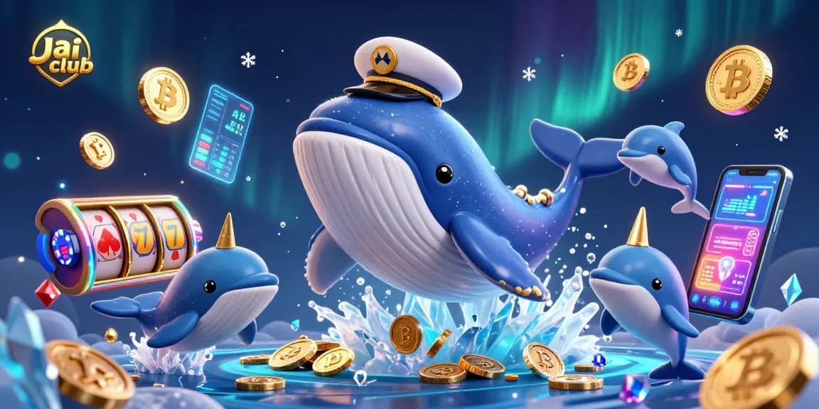 Experience the excitement of Jai club with a vibrant casino scene featuring a whale and playful dolphins amidst riches.