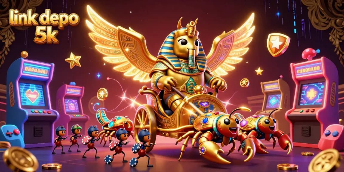 Engage with excitement at link depo 5k, featuring a dynamic scene of a golden scarab beetle and casino elements.