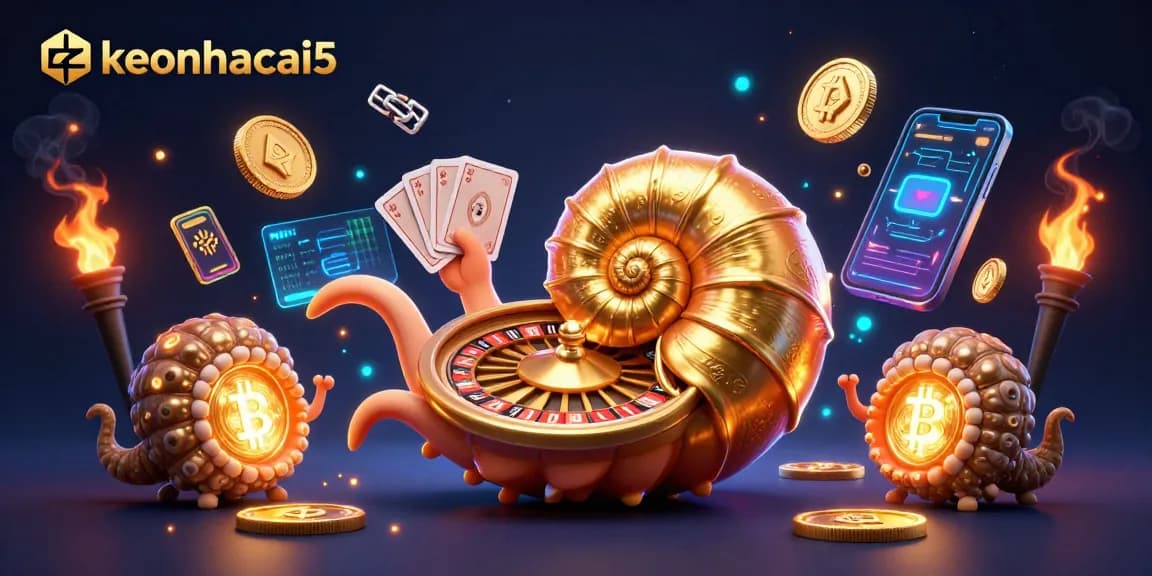 Bet on keonhacai5 with a vibrant 3D illustration featuring a golden roulette nautilus and glowing crypto coins.