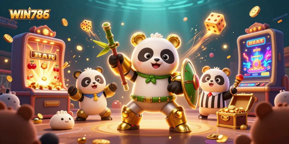WIN786 casino gaming scene with a robot panda and vibrant slot machines, bursting with excitement.