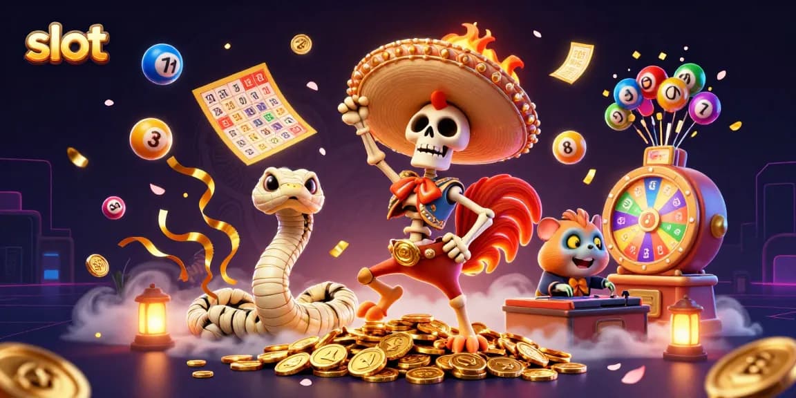 Spin the slot reels with exciting gaming characters on a vibrant casino scene filled with gold.