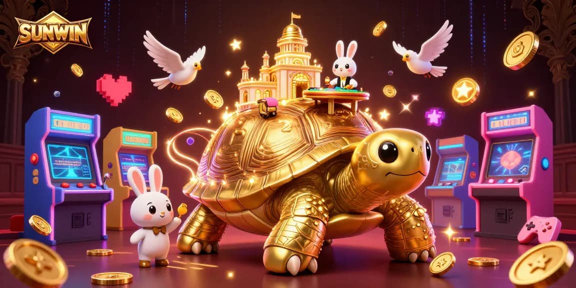 SUNWIN casino experience showcasing a golden tortoise with a casino palace shell, vibrant arcade machines, and flying coins.
