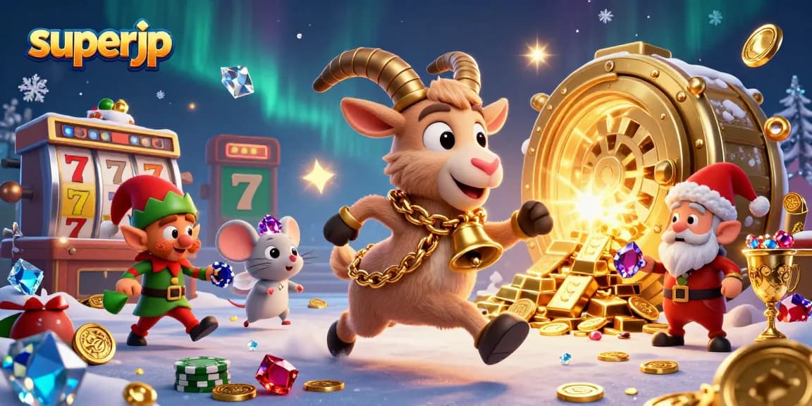 Join superjp's thrilling casino adventure with festive characters stealing chips amid dazzling lights.