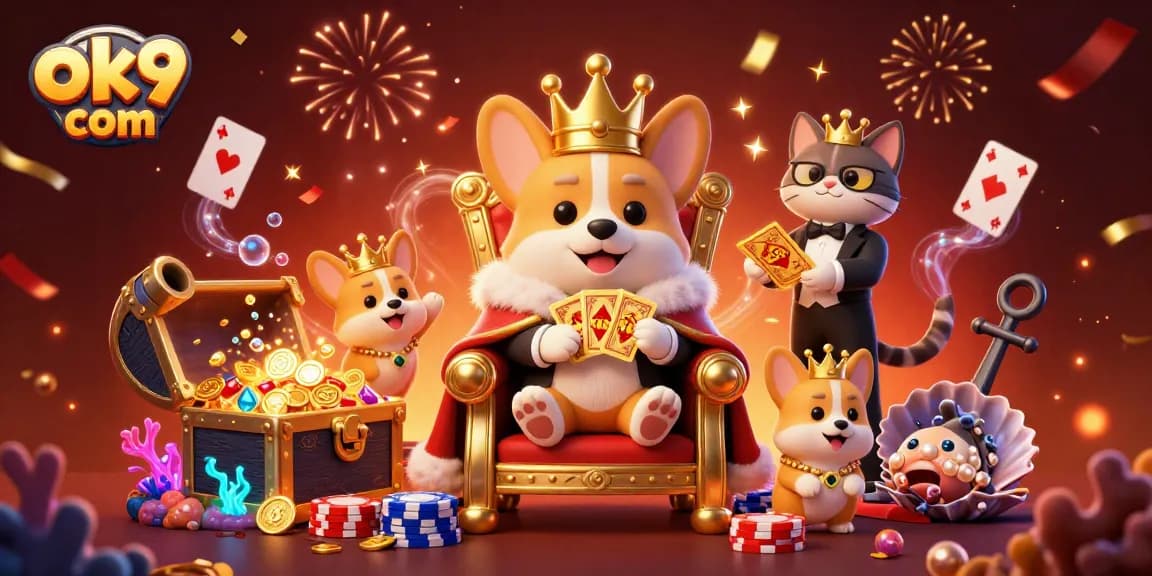 Experience big wins at ok9 com with a vibrant 3D casino scene featuring corgis and poker elements.