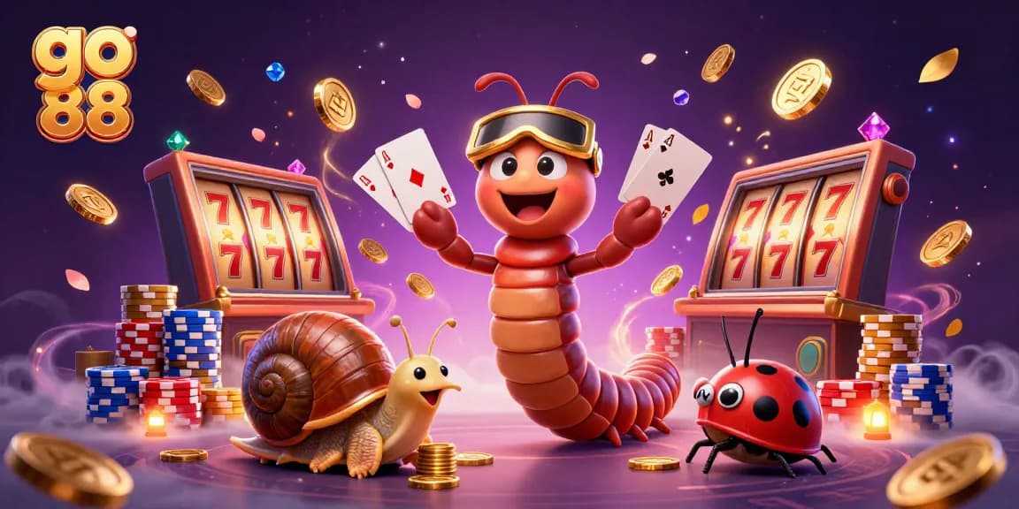Engage with go 88's vibrant casino world featuring a millipede dealer and slot machines.