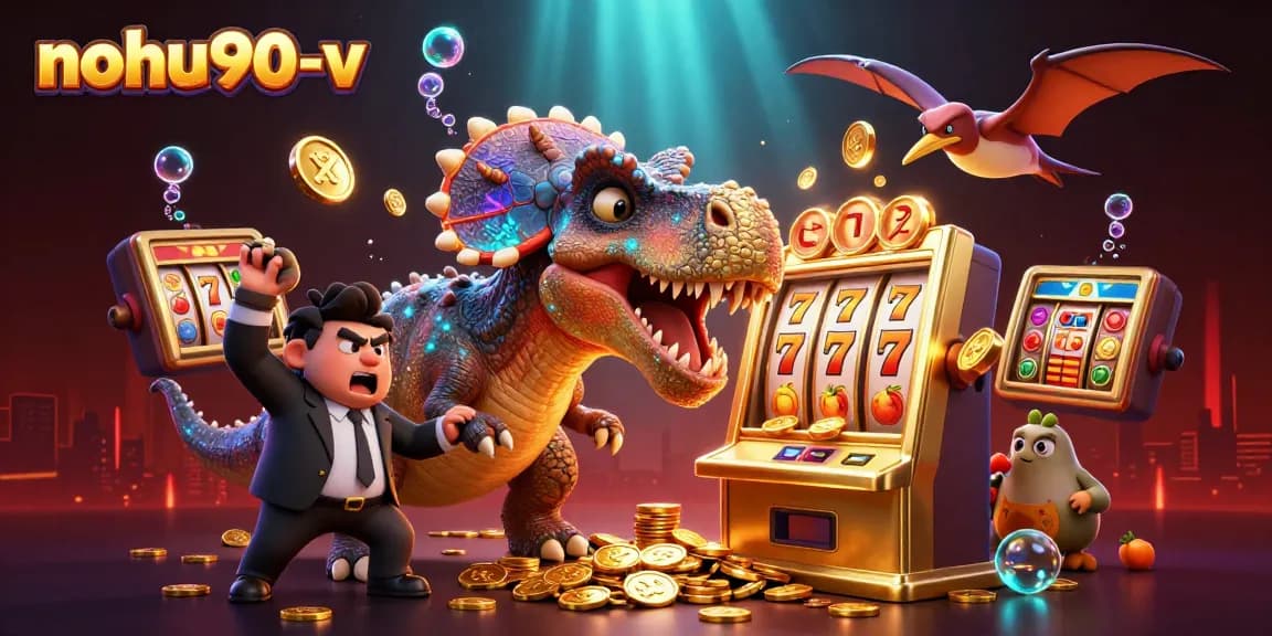 Nohu90-v illustration showcasing a dinosaur interacting with a slot machine, symbolizing exciting jackpot wins.