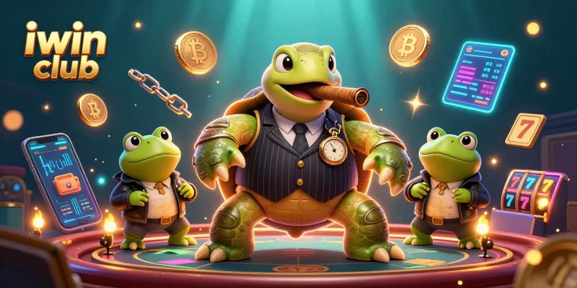 The vibrant iwin club scene features a whimsical turtle in mobster attire with casino elements, showcasing gaming excitement.