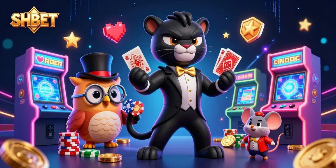 SHBET takes center stage as a stylish panther deals cards in a vibrant casino scene.