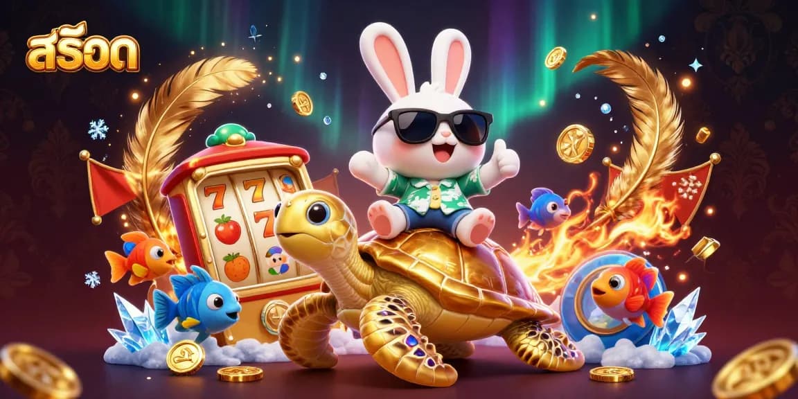 Spin and win with สล็อต games featuring a lucky rabbit and treasures in a vibrant casino scene.