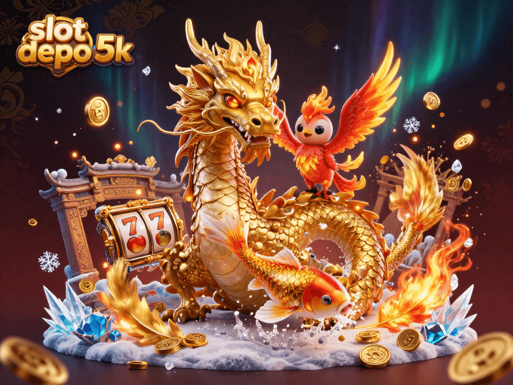 Spin your way to riches with slot depo 5k, featuring a golden dragon, phoenix, and koi fish.