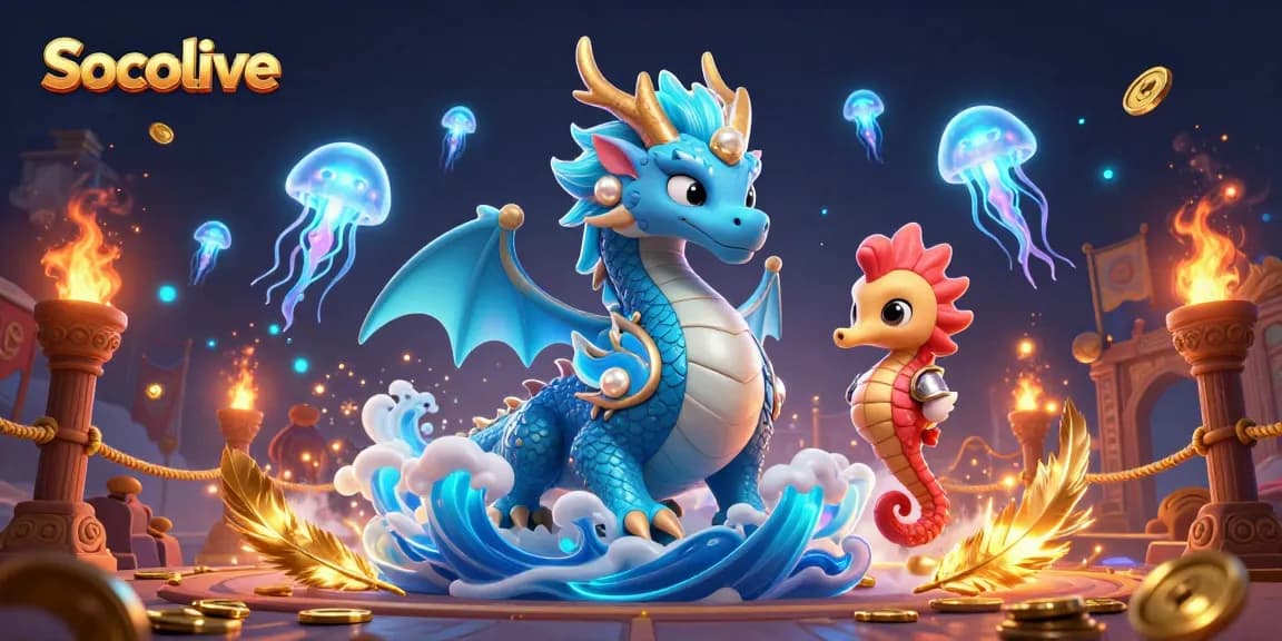 Socolive enhances your viewing with a vibrant underwater scene of dynamic 3D characters amidst glowing gaming elements.