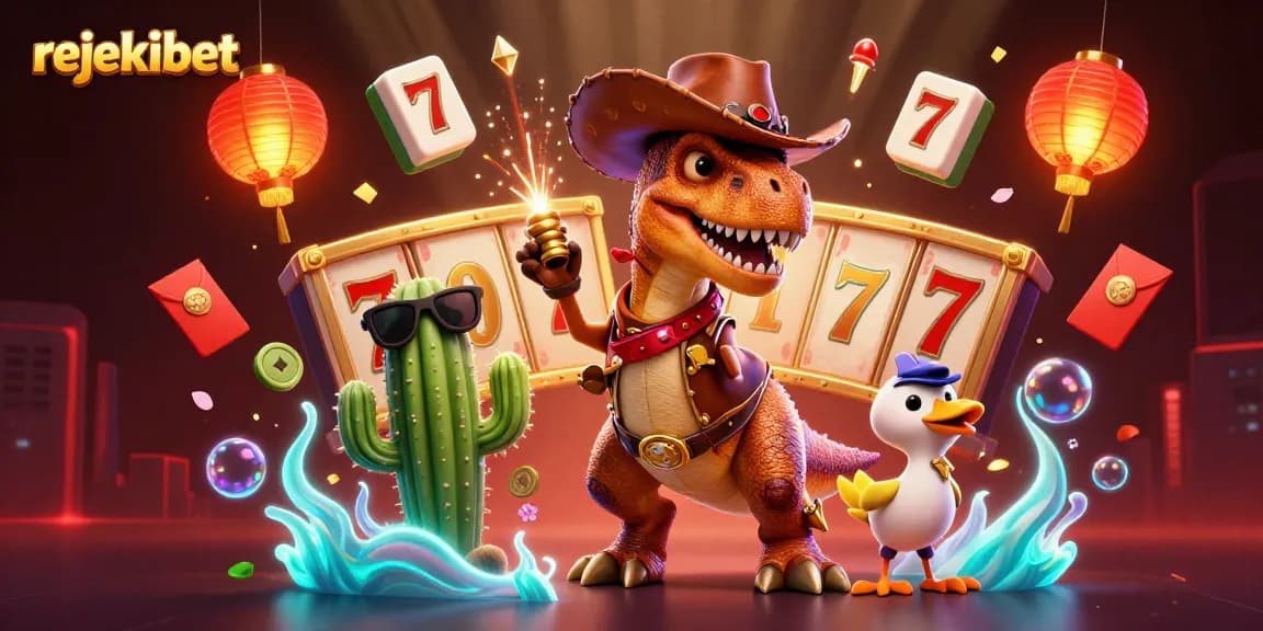 Experience the thrill of rejekibet's dynamic slot gameplay with a 3D cowboy dinosaur and vibrant casino elements.
