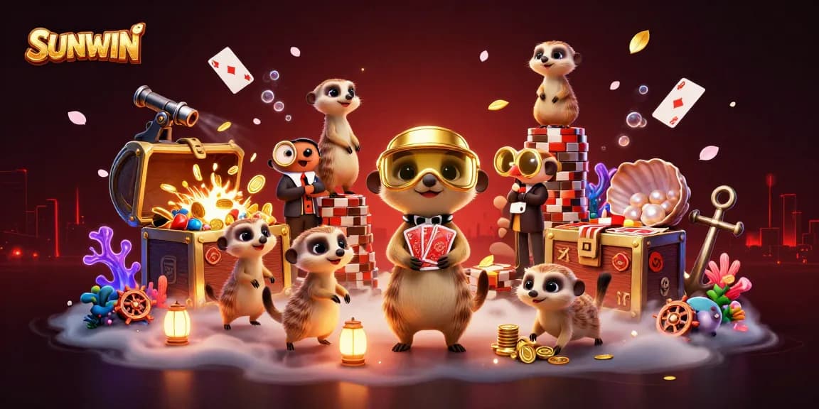 SUNWIN casino meerkats managing games amidst gold and gems in an exciting 3D scene.