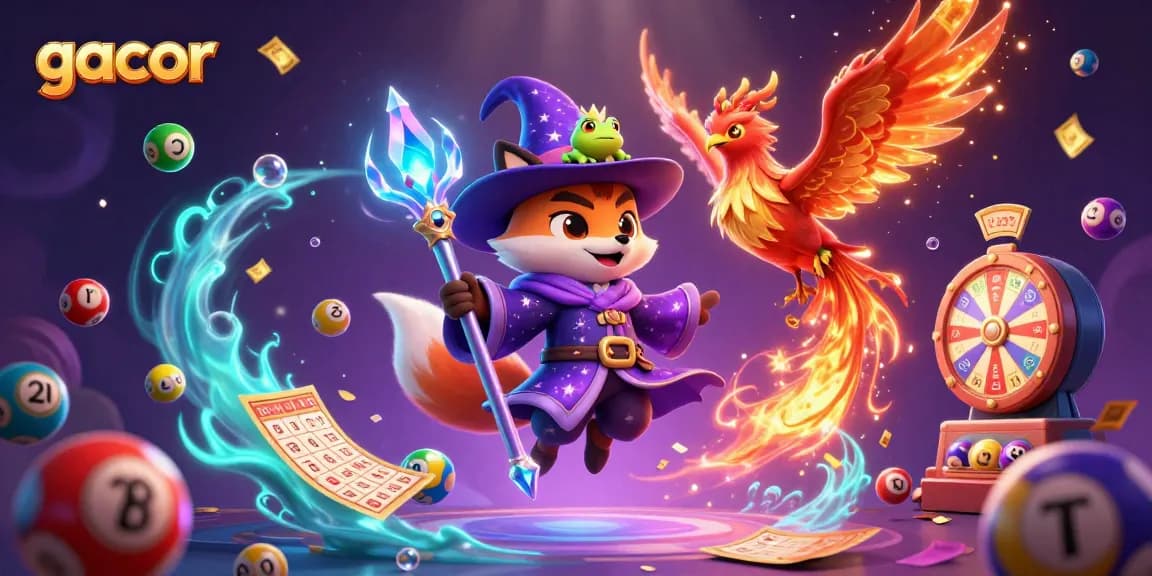 Experience the thrill of gacor slots with a magical scene featuring a wizard fox, phoenix, and vibrant casino elements.