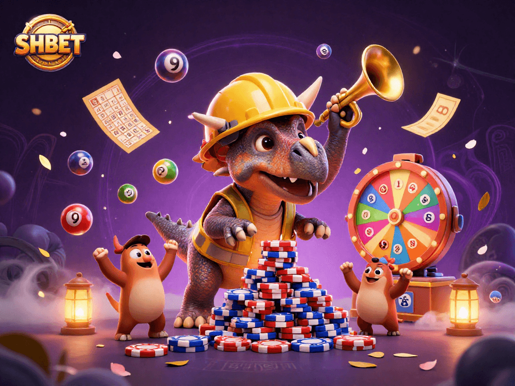 Engaging SHBET illustration with vibrant casino elements, showcasing a triceratops and celebration.