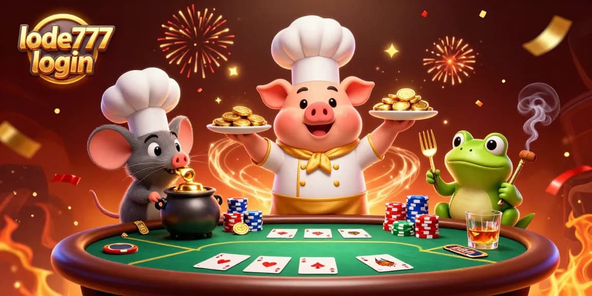 Engage with the exciting lode777 login scene featuring a chef pig serving gold coins amid poker action.