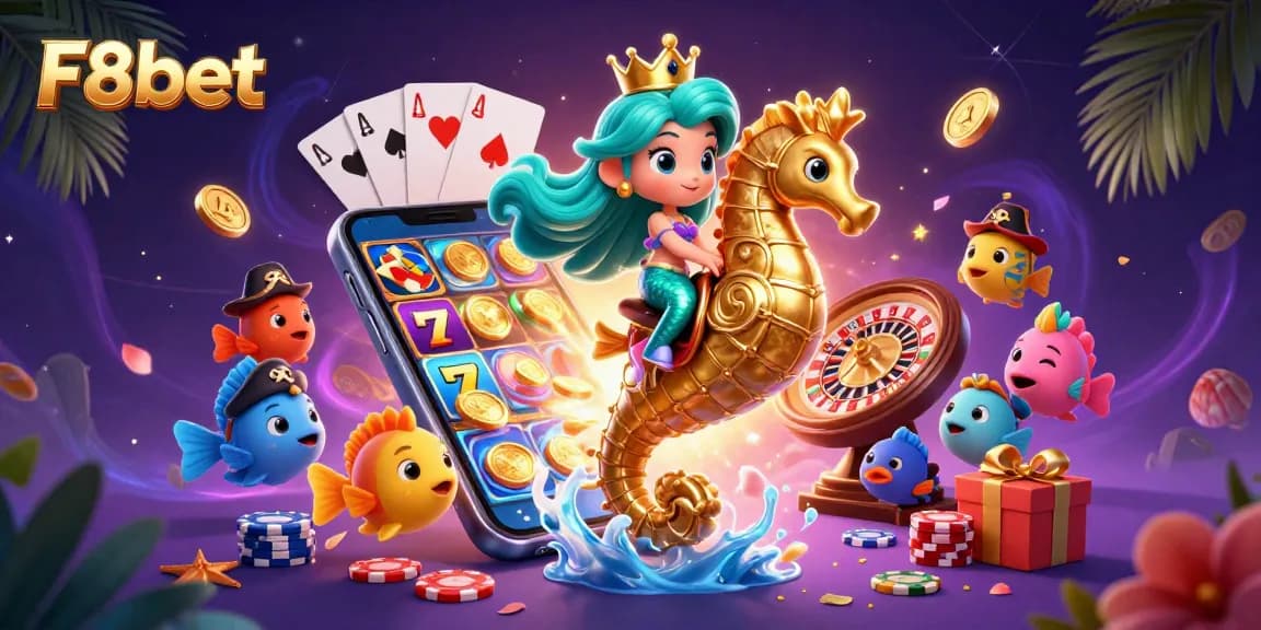 F8bet offers thrilling gaming with a captivating mermaid scene highlighted by vibrant slot game elements.