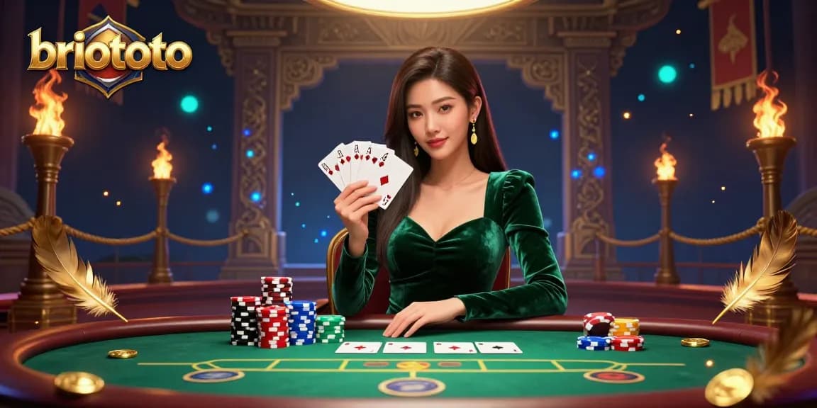 Experience the excitement of briototo at a luxury poker game featuring stunning Asian woman in an emerald gown.