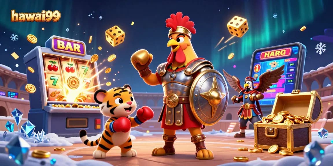 Experience the excitement of hawai99 with a vibrant 3D casino scene featuring characters and jackpot elements.