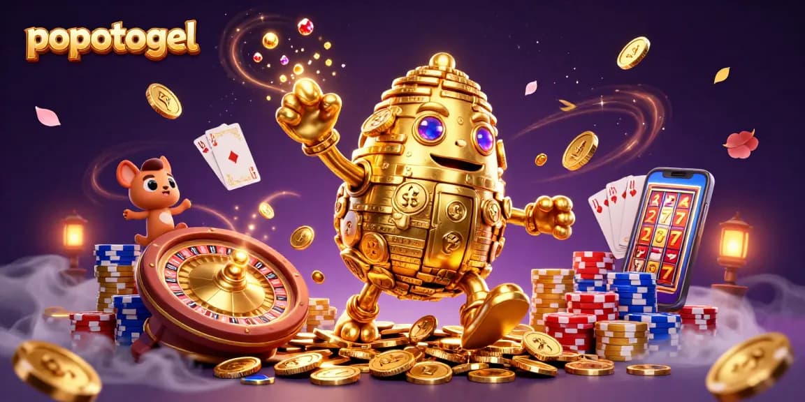 Experience thrilling wins with popotogel featuring a dynamic ancient golden golem and vibrant casino elements.