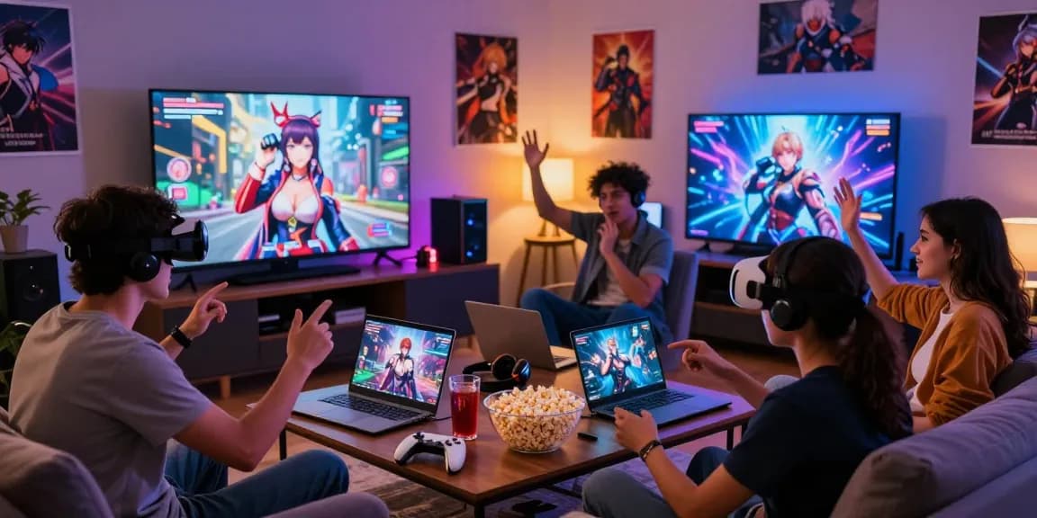 Group of friends enjoying hentai games in a cozy living room, capturing gaming excitement.