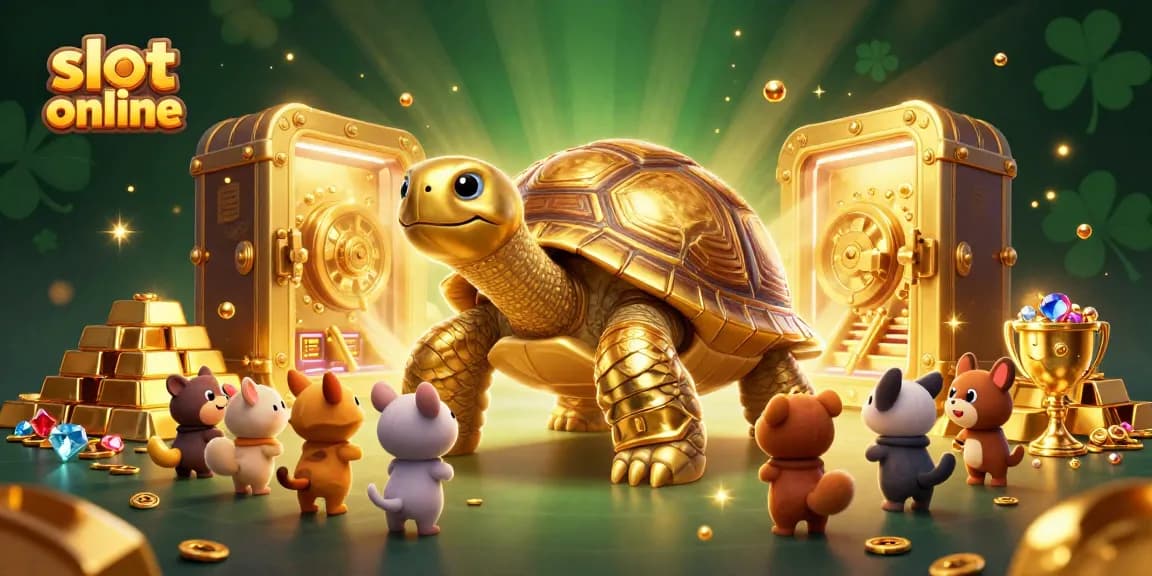 Permainan slot online dengan karakter unik yang menunggu giliran untuk bermain, dikelilingi harta karun.