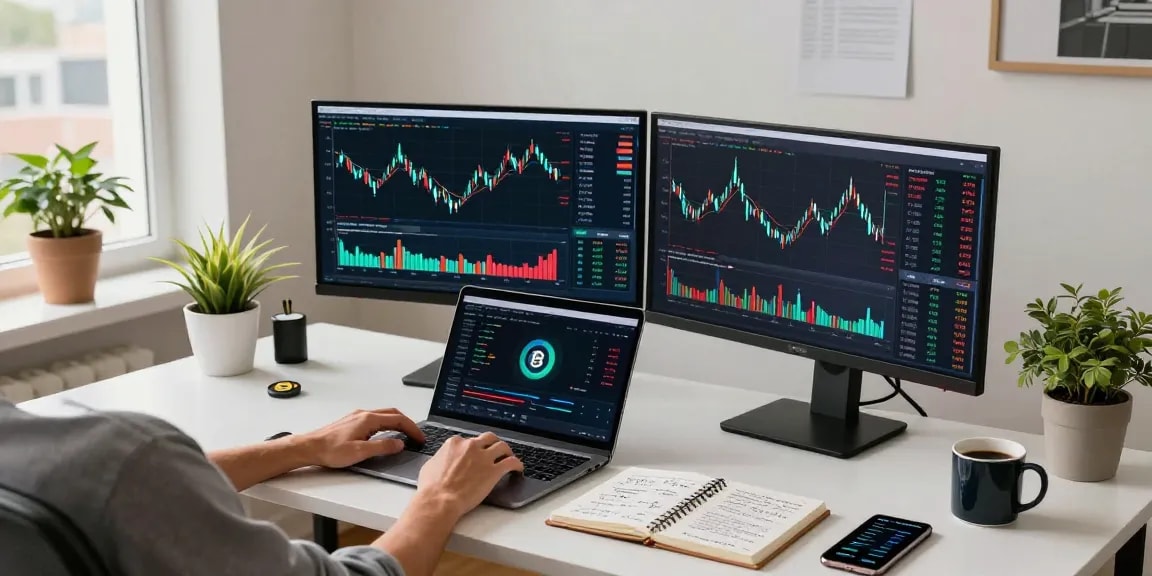 Play exchange in a professional cryptocurrency trading setup with multiple monitors displaying Bitcoin charts and DeFi wallets.